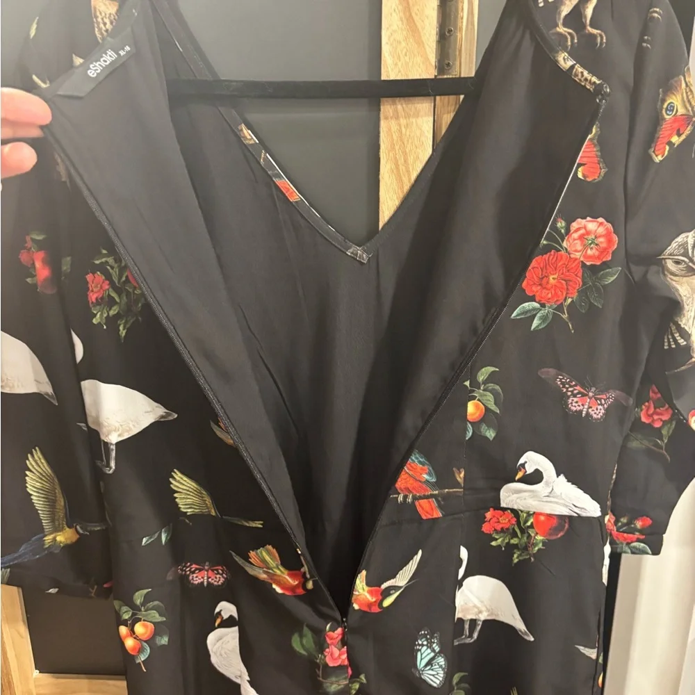 eShakti Black dress with Floral Accents and birds and butterflies. - Picture 6 of 8